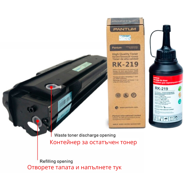 КОМПЛЕКТ ЗА РЕЦИКЛИРАНЕ НА КАСЕТИ PD-219 (PD219) ЗА PANTUM P2509/P2509W/M6509/M6509NW/M6559N/M6559NW/M6609NW - 1 БРОЙ ТОНЕР БУТИЛКА + 1 БРОЙ ЧИП - PN RK-219 (RK219)