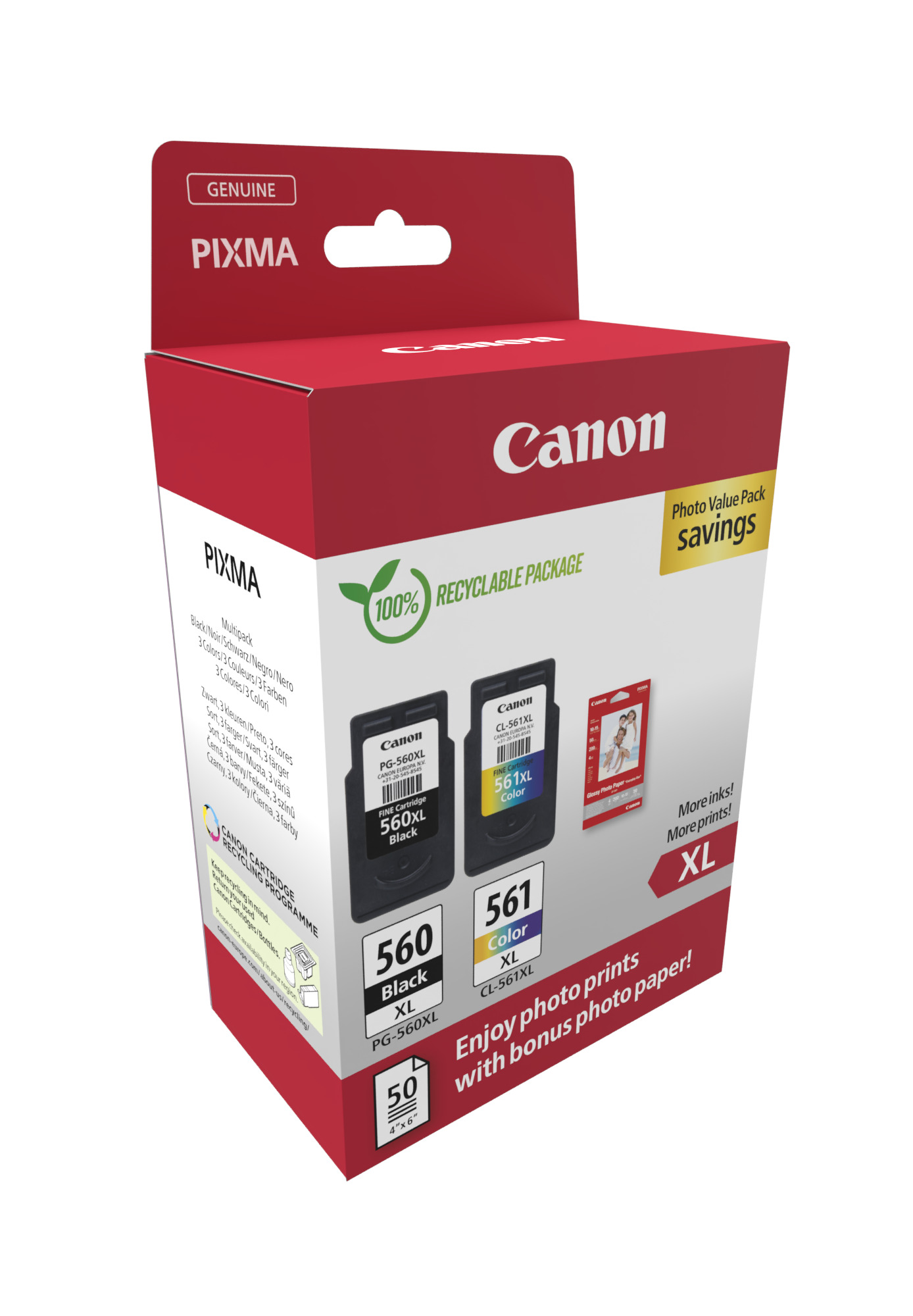 Комплект 2 глави и 50 броя фотохартия за Canon Pixma TS5350/TS7400/TS5400 Series - Ink - HIGH CAPACITY - PG560XL (PG-560XL) / CL561XL (CL-561XL) / 3712C008 - BK/C/M/Y - XL - Multipack - PN 3712C008