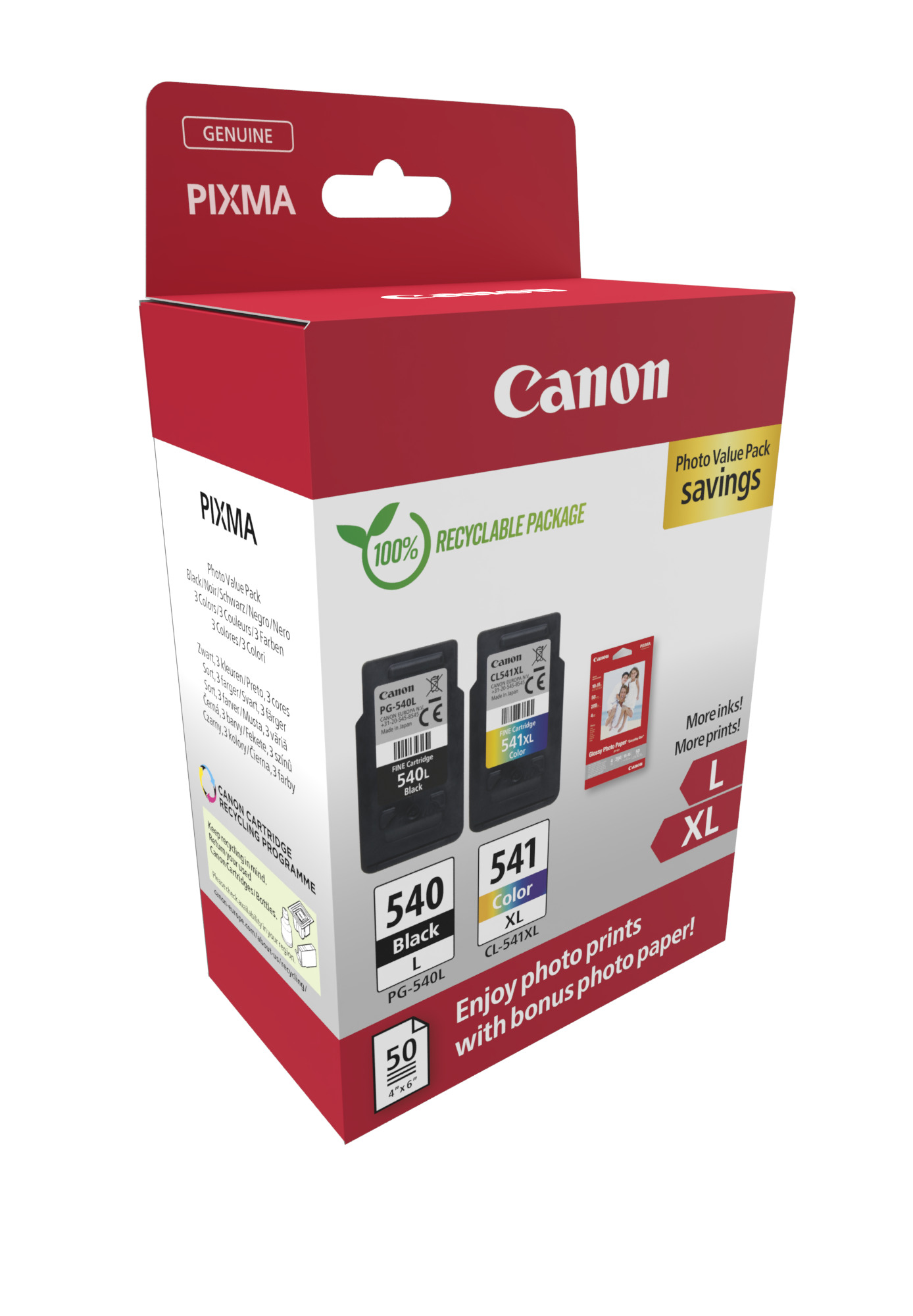 Комплект 2 глави и 50 броя фотохартия за Canon Pixma MG2100/MG2200/MG3200 Series - Ink - HIGH CAPACITY - PG540L (PG-540L) / CL541XL (CL-541XL) / 5224B012 - BK/C/M/Y - PN 5224B012