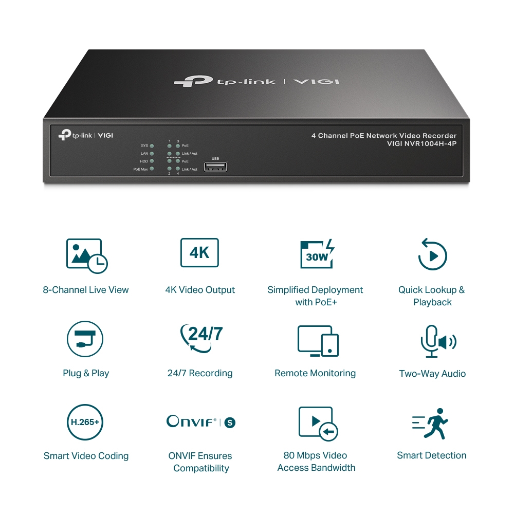 TP-LINK Video Recorder NVR1004H-4P / VIGI NVR1004H-4P - Black - PN VIGI NVR1004H-4P