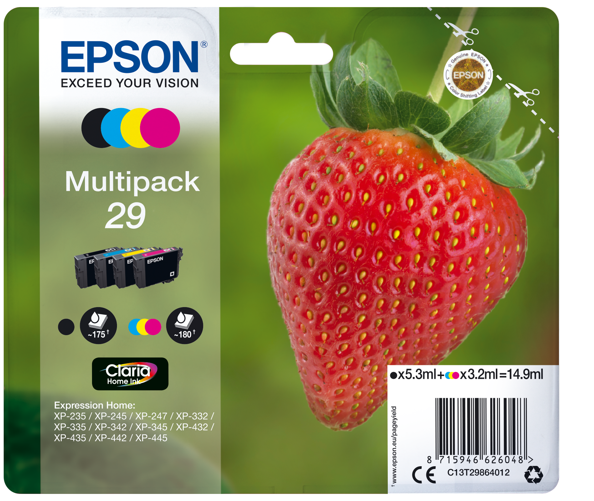 Комплект 4 глави за Epson Expression Home XP240/XP250/XP330/XP340/XP350/XP430/XP440/XP450 Series - Ink - /29/ / C13T29864012 - BK/C/M/Y - Multipack - PN C13T29864012