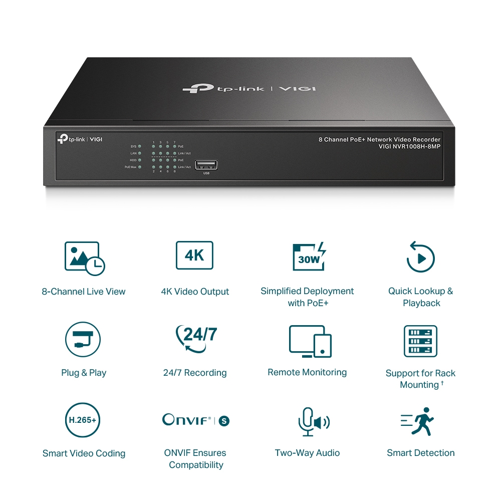 TP-LINK Video Recorder NVR1008H-8MP / VIGI NVR1008H-8MP - Black - PN VIGI NVR1008H-8MP