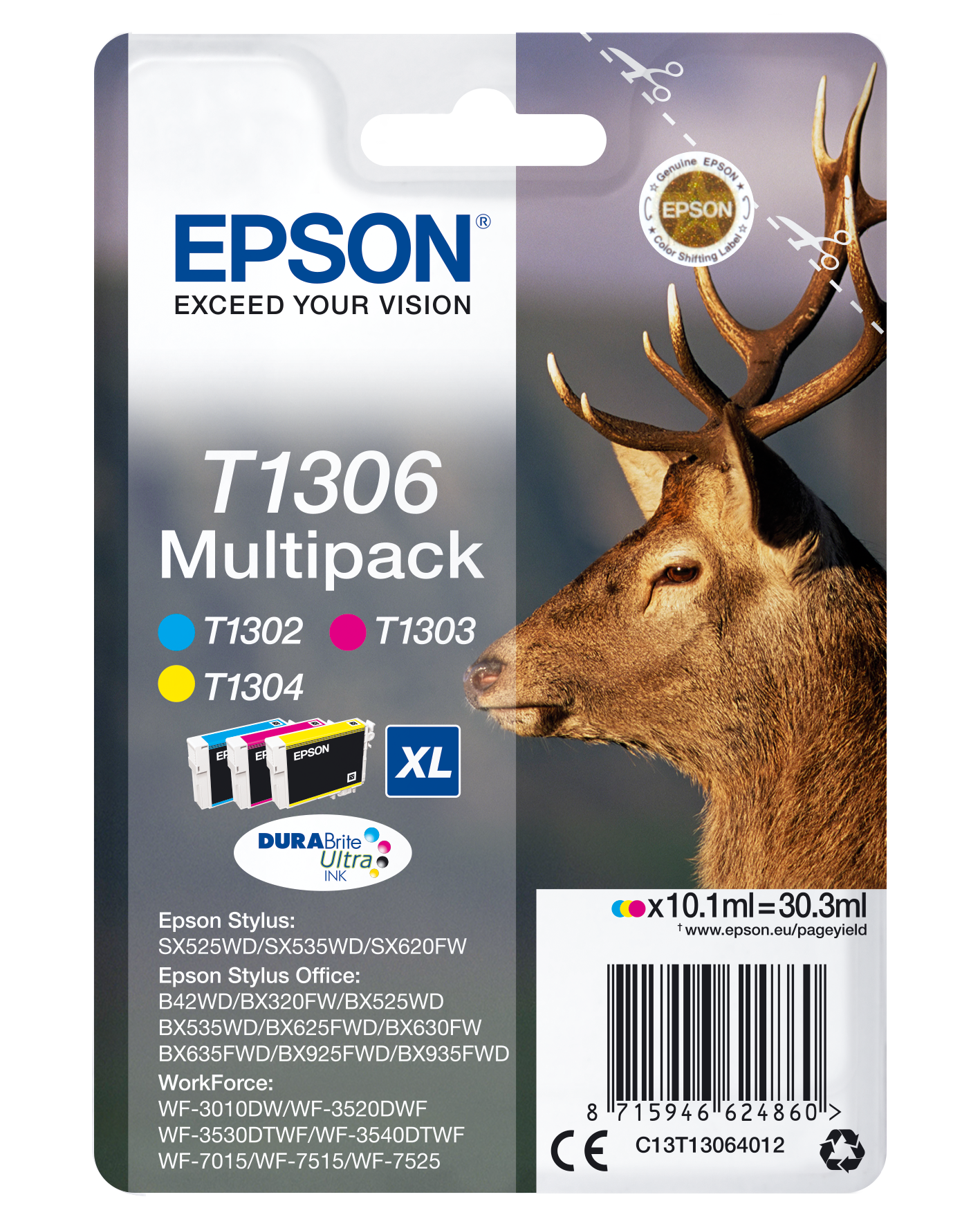 Комплект 3 глави за Epson Stylus Office BX630 Series/WorkForce WF3500 Series - Ink - T1306 / C13T13064012 - C/M/Y - Multipack - PN C13T13064012
