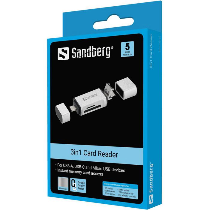 ЧЕТЕЦ ЗА КАРТИ SANDBERG USB-C+USB+MicroUSB - Silver - PN 136-28