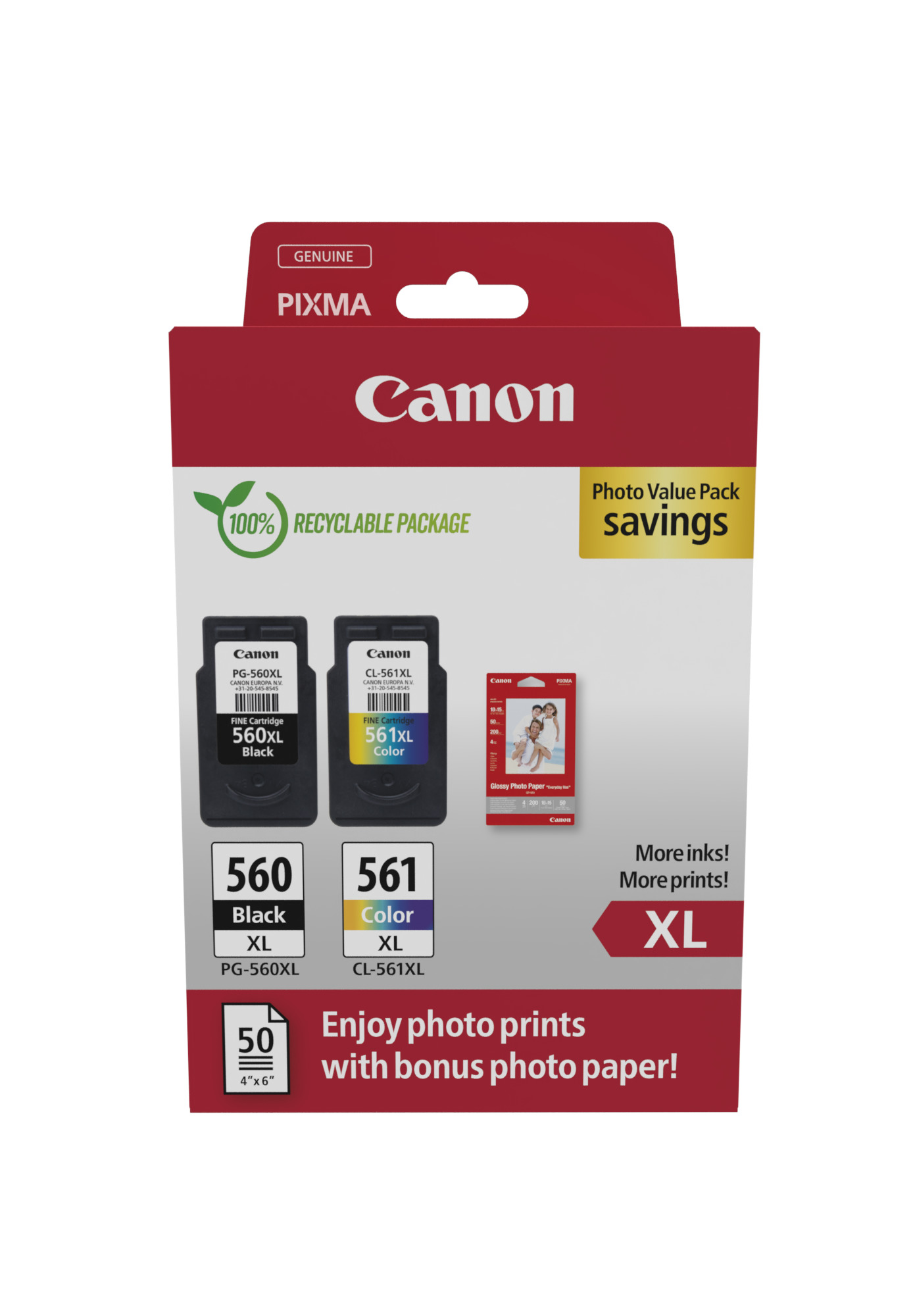 Комплект 2 глави и 50 броя фотохартия за Canon Pixma TS5350/TS7400/TS5400 Series - Ink - HIGH CAPACITY - PG560XL (PG-560XL) / CL561XL (CL-561XL) / 3712C008 - BK/C/M/Y - XL - Multipack - PN 3712C008