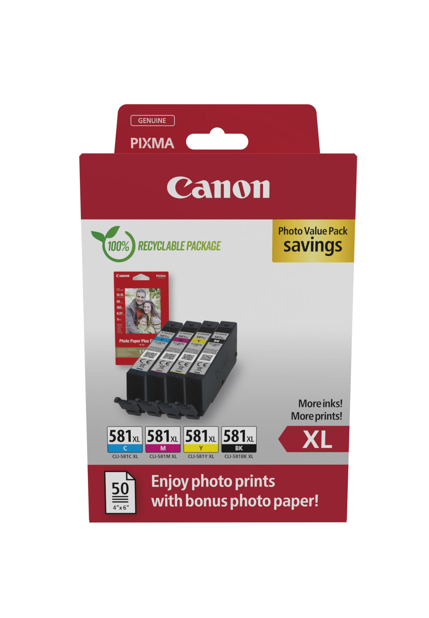 Комплект 4 глави и 50 броя фотохартия за Canon Pixma TS9100/TS8100/TS9500 Series - Ink - HIGH CAPACITY - CLI581XL (CLI-581XL) / 2052C006 - BK/C/M/Y - XL - Multipack - PN 2052C006