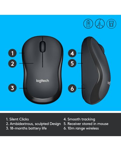 МИШКА LOGITECH M220 SILENT - USB - 2.4 GHz, Optical 1000 dpi - Wireless / Безжична - Black - PN 910-004878