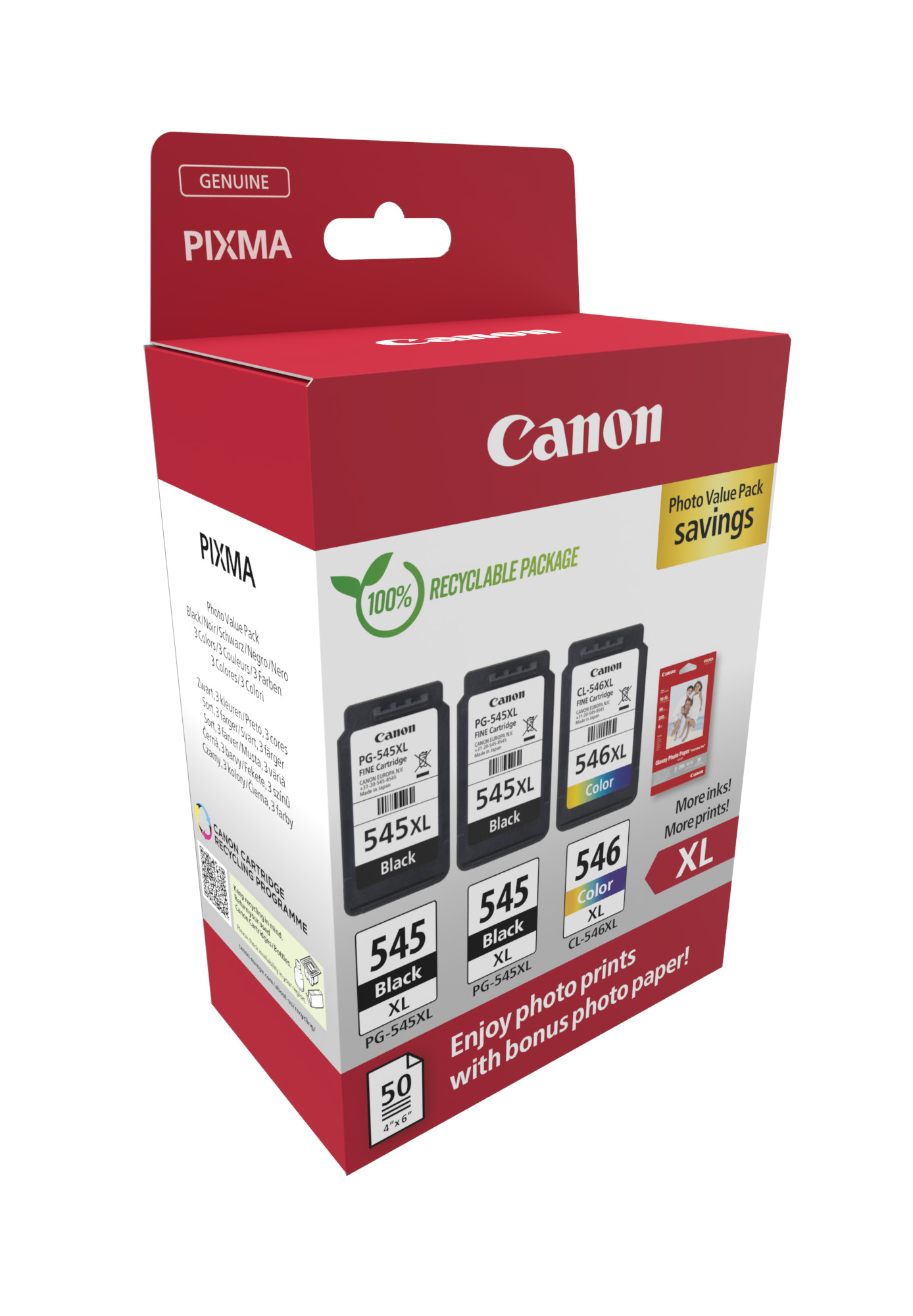 Комплект 3 глави и 50 броя фотохартия за Canon Pixma MG2500/MG2900/MG3000 Series - Ink - HIGH CAPACITY - PG545XL (PG-545XL) / CL546XL (CL-546XL) / 8286B015 - 2xBK/C/M/Y- XL - Multipack - PN 8286B015