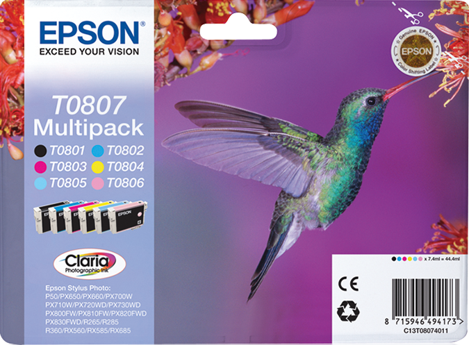 Комплект 6 глави за Epson Stylus Photo R265/R360/RX560/R285 - Ink - T0807 / C13T08074011 - BK/C/M/Y/PC/PM - Multipack - PN C13T08074011