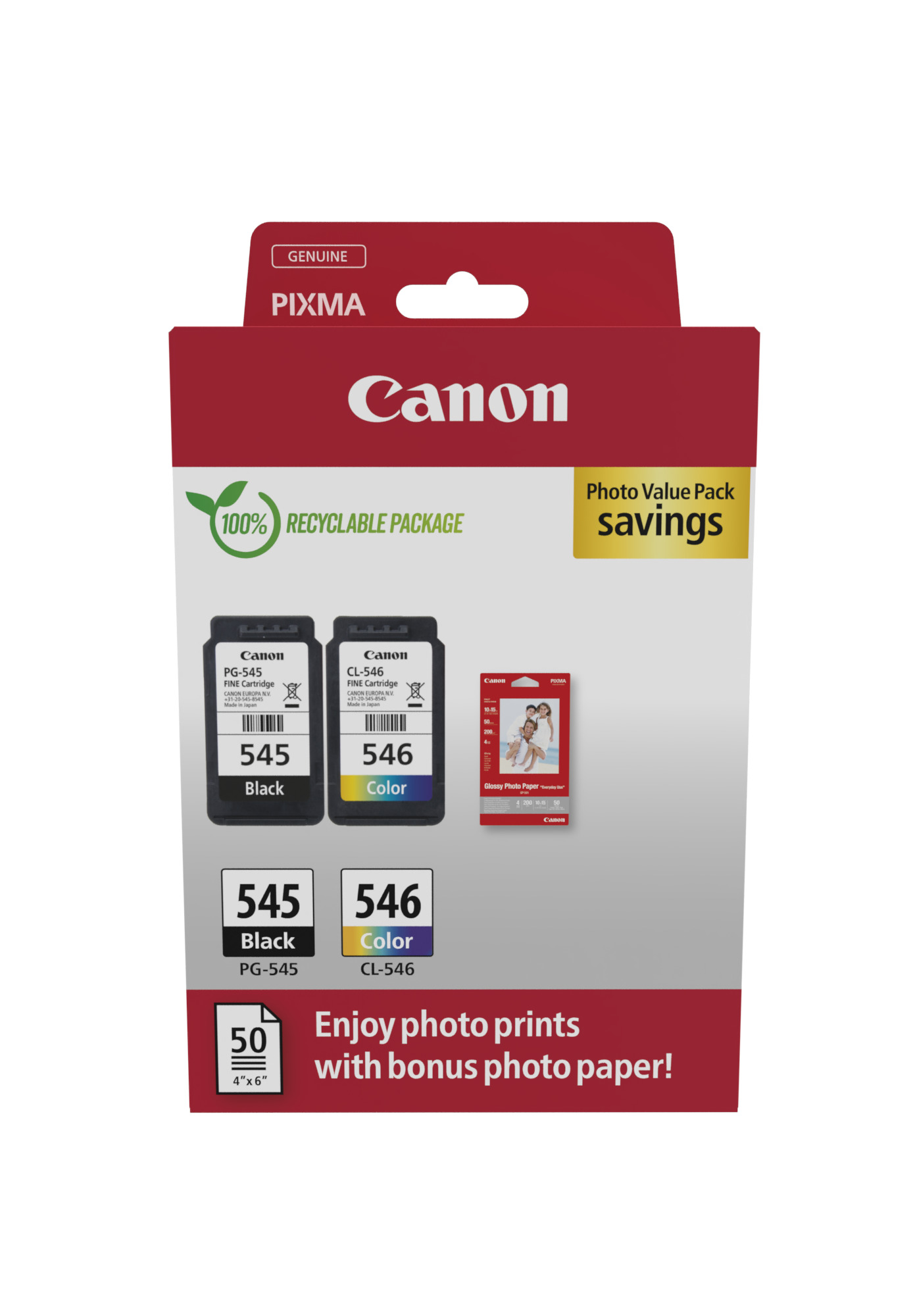 Комплект 2 глави и 50 броя фотохартия за Canon Pixma IP2800/MG2400/MG2500 Series - Ink - PG545 (PG-545) / CL546 (CL-546) / 8287B008 - BK/C/M/Y - Multipack - PN 8287B008