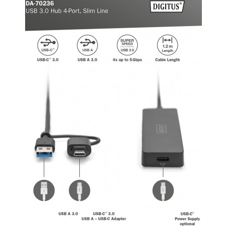 ХЪБ DIGITUS SLIM LINE USB 4 Port - USB 3.0 Hub 4-Port - Slim Line - PN DA-70236