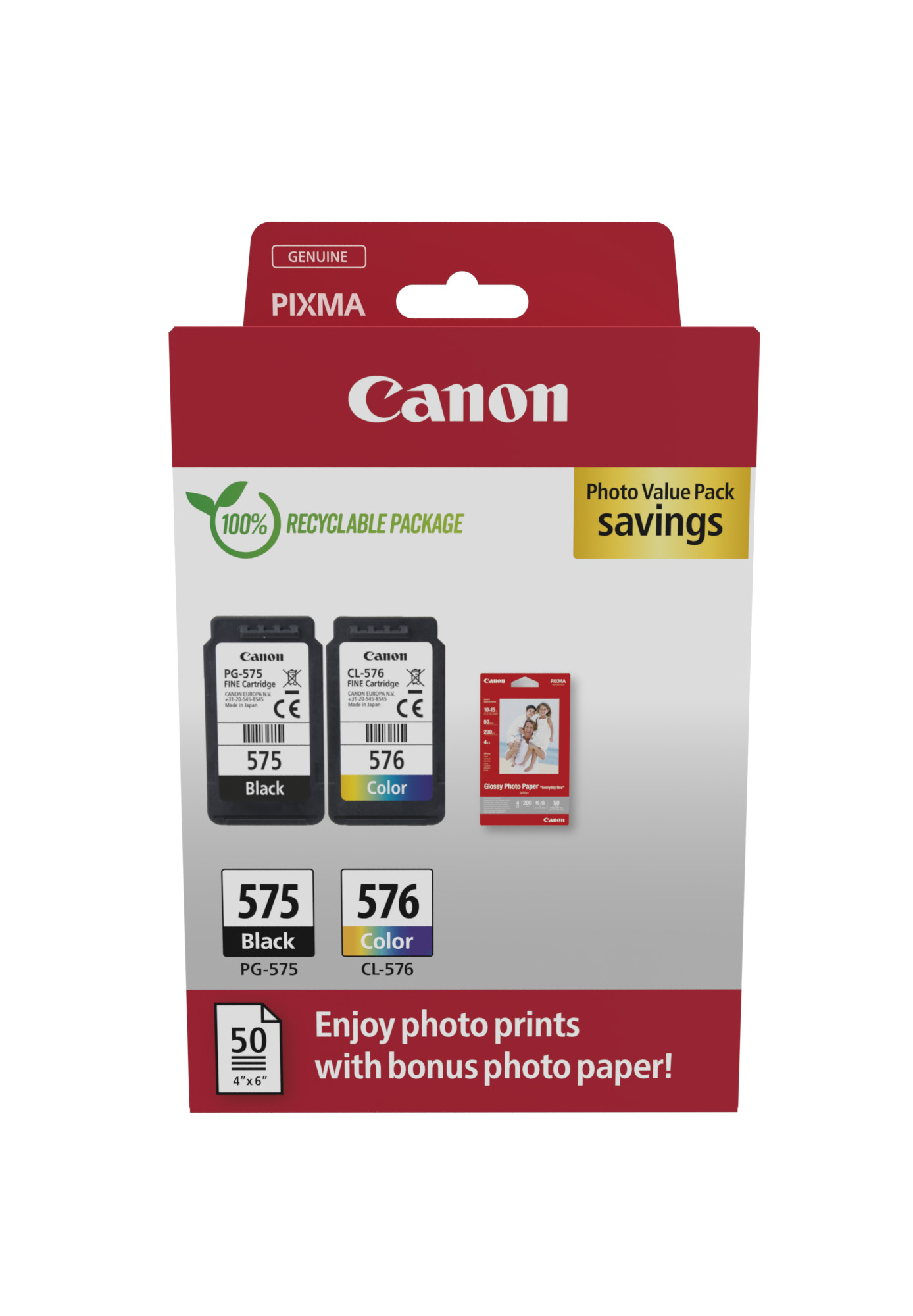 Комплект 2 глави и 50 броя фотохартия за Canon Pixma TS3700/TS3500/TR4700 Series - Ink - PG575 (PG-575) / CL576 (CL-576) / 5438C004 - BK/C/M/Y - PN 5438C004