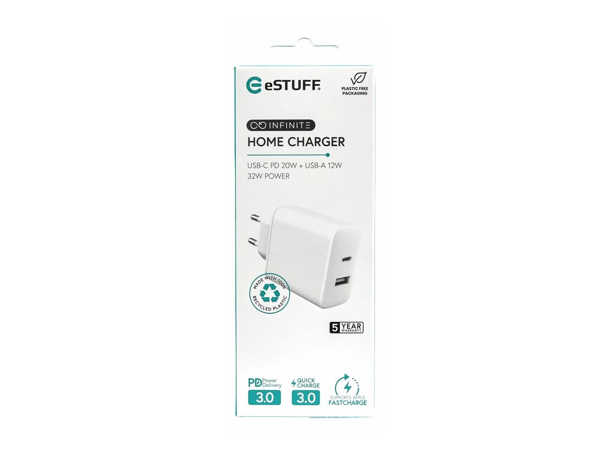 ЗАРЯДНО eSTUFF USB-C PD 20W + USB-A 12W - White - PN ES637031