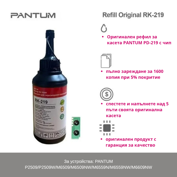 КОМПЛЕКТ ЗА РЕЦИКЛИРАНЕ НА КАСЕТИ PD-219 (PD219) ЗА PANTUM P2509/P2509W/M6509/M6509NW/M6559N/M6559NW/M6609NW - 1 БРОЙ ТОНЕР БУТИЛКА + 1 БРОЙ ЧИП - PN RK-219 (RK219)