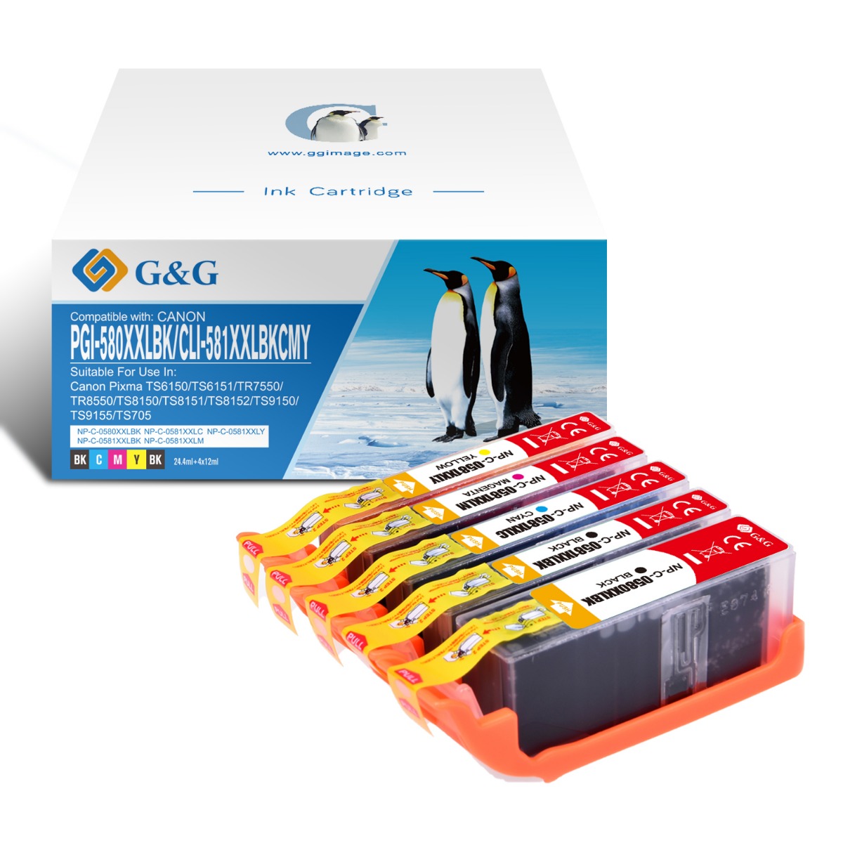 КОМПЛЕКТ 5 ГЛАВИ ЗА CANON PIXMA TR 7550/8550/TS 6150/6151/8150/8151/8152/9150/9155 - Multi Pack ink tank - WITH CHIPS / С ЧИПОВЕ - /580/ /581/ - PGI-580BK/CLI-581BK/CLI-581C/CLI-581M/CLI-581Y - PN NP-3C-0580XXLBK/581XXLBK/C/M/Y - 5 PCS PACK - G&G