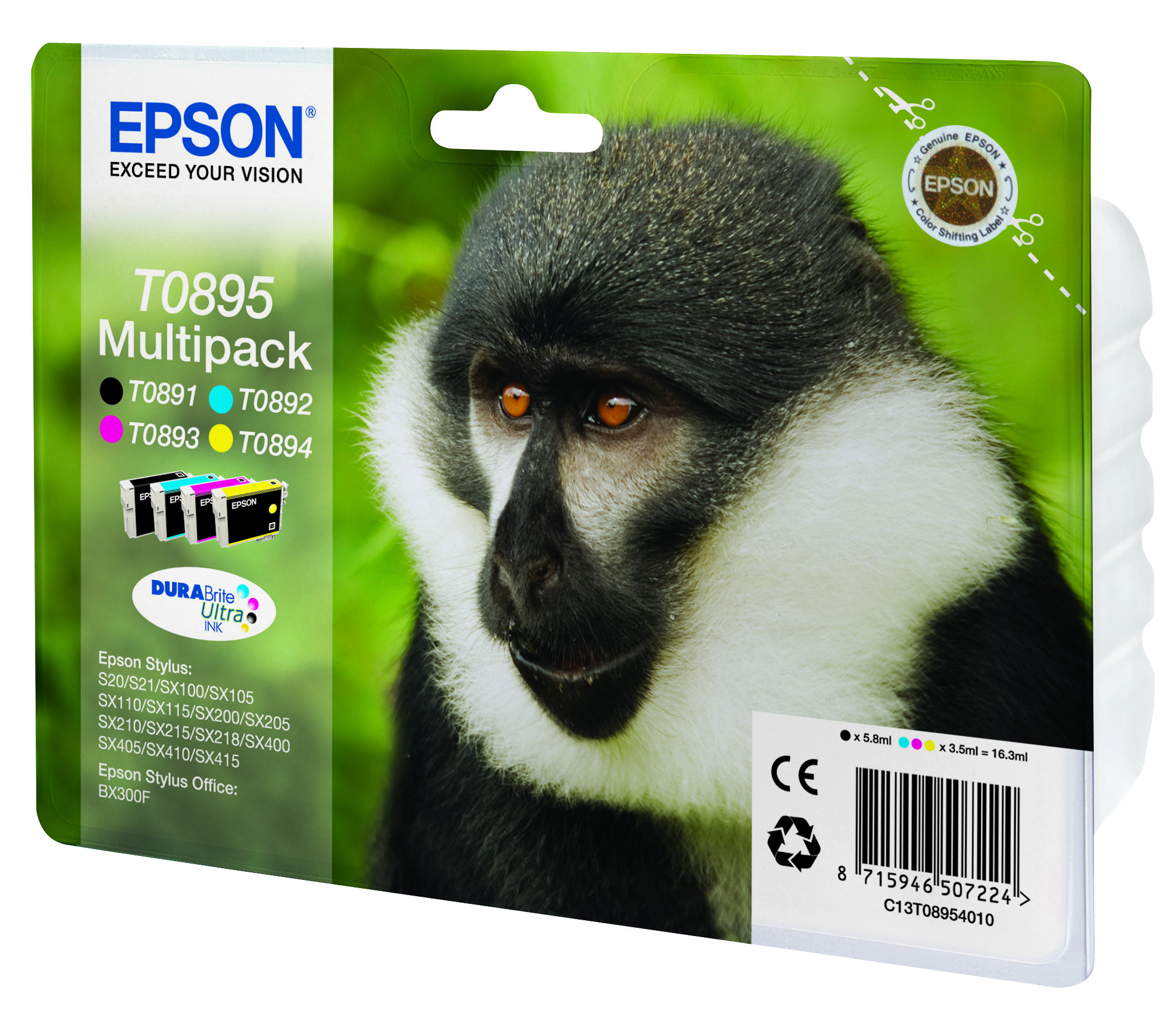 Комплект 4 глави за Epson Stylus SX210/SX100/SX200/SX400 Series - Ink - T0895 / C13T08954010 - BK/C/M/Y - Multipack - PN C13T08954010