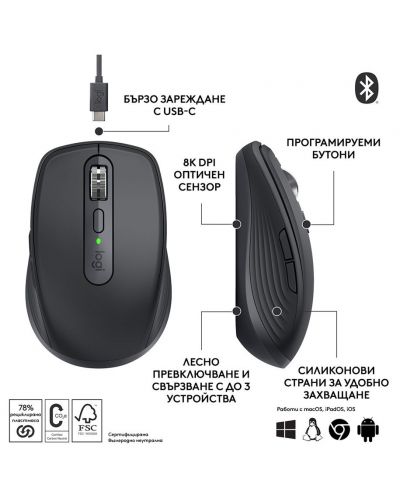 МИШКА LOGITECH MX Anywhere 3S - Wireless / Безжична - Graphite - PN 910-006929