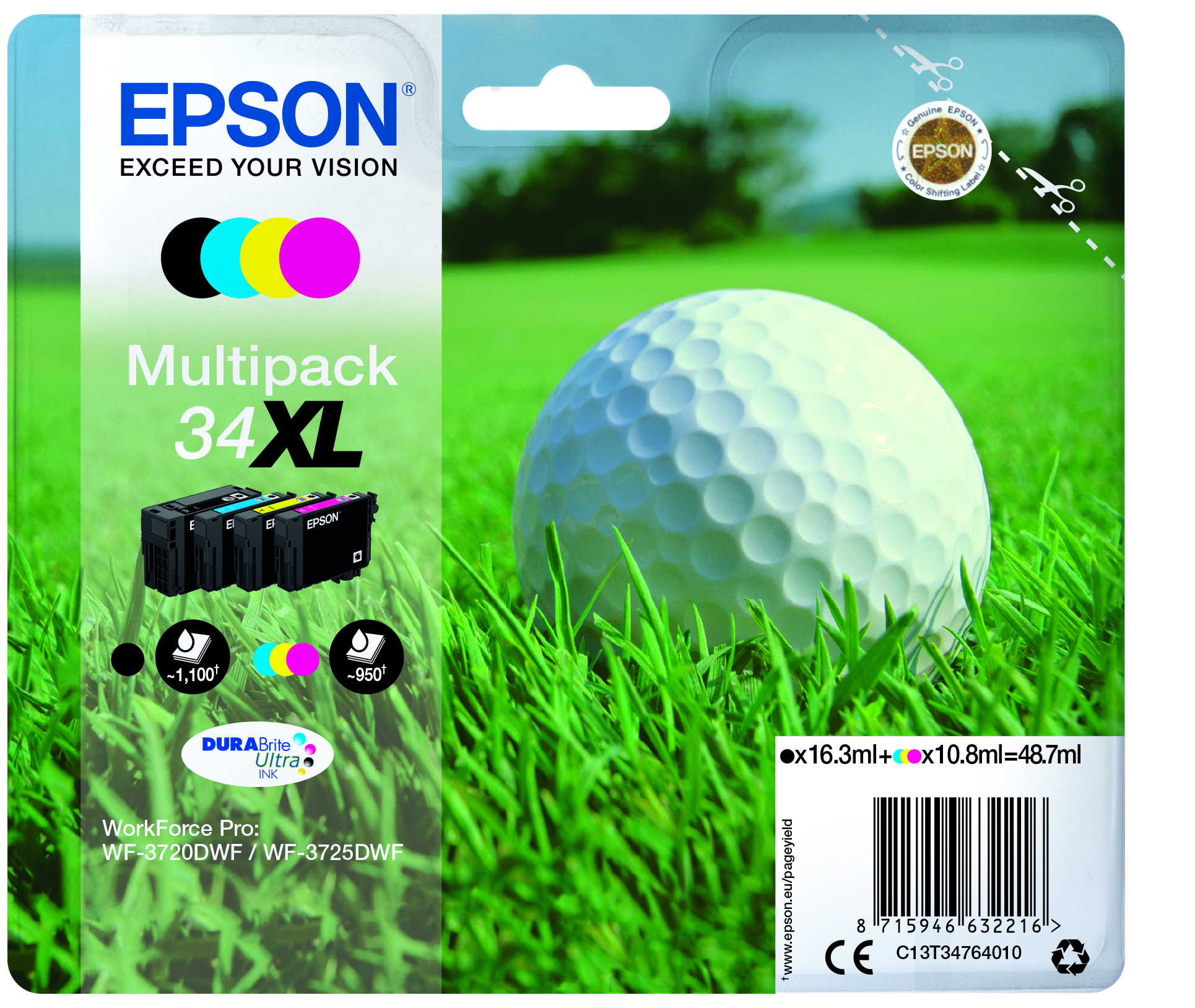 Комплект 4 глави за Epson WorkForce Pro WF-3700/WF-3720 Series - Ink - /34XL/ / C13T34764010 - BK/C/M/Y - XL - Multipack - PN C13T34764010