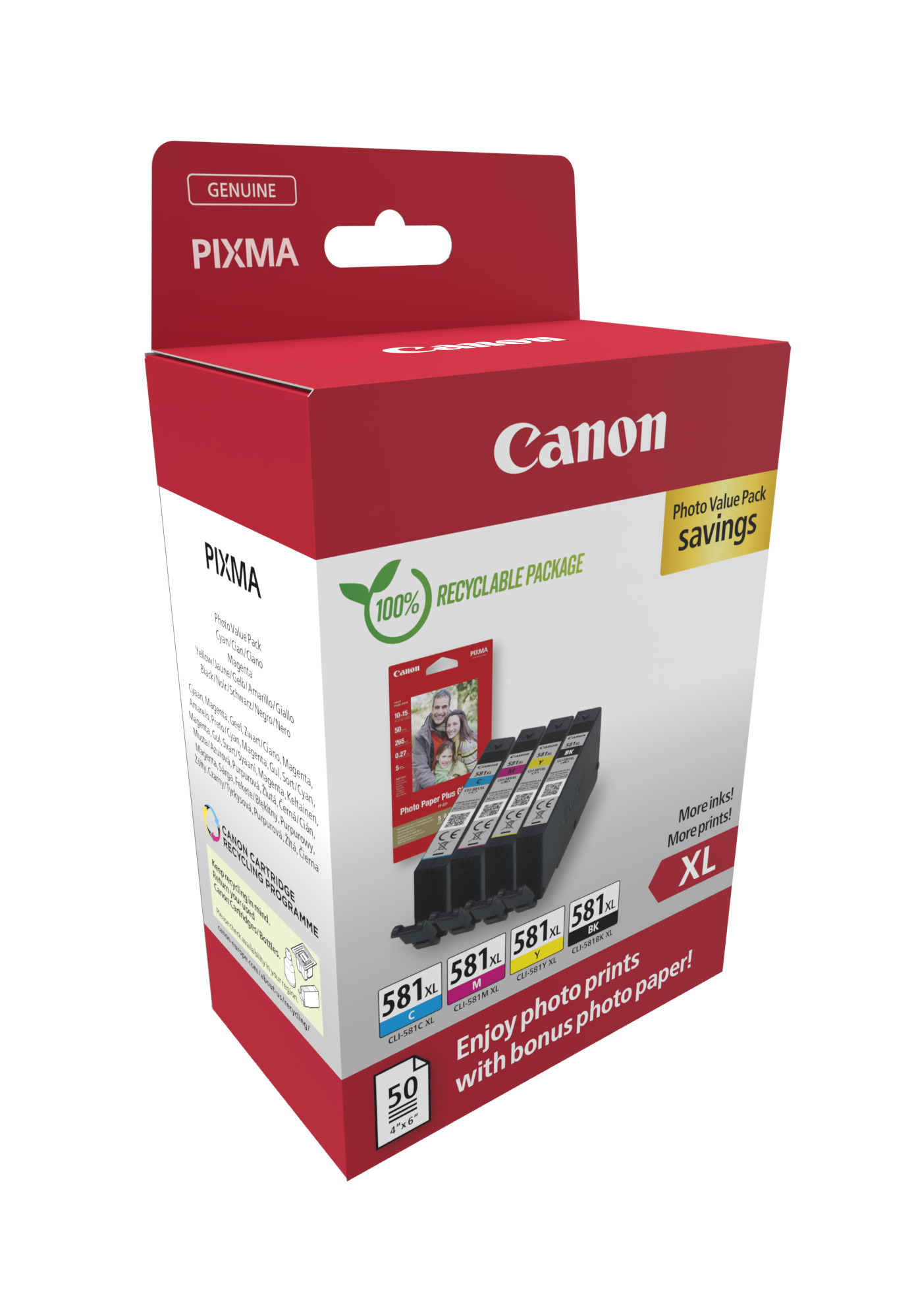 Комплект 4 глави и 50 броя фотохартия за Canon Pixma TS9100/TS8100/TS9500 Series - Ink - HIGH CAPACITY - CLI581XL  (CLI-581XL) / 2052C006  - BK/C/M/Y - XL - Multipack - PN 2052C006