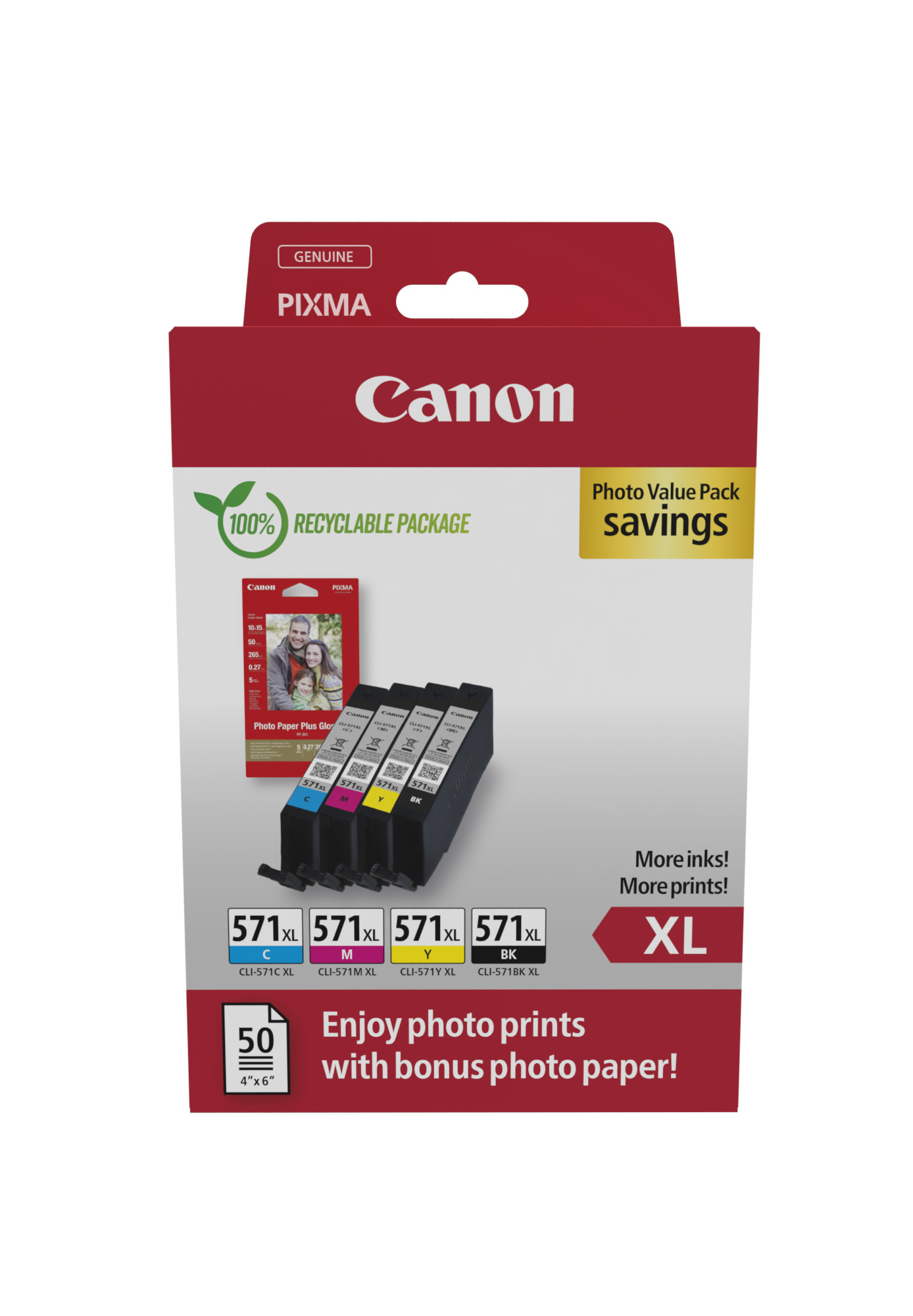 Комплект 4 глави и 50 броя фотохартия за Canon Pixma TS6050/MG6850/TS8000 Series - Ink - HIGH CAPACITY - CLI571XL (CLI-571XL) / 0332C006 - BK/C/M/Y - XL - Multipack - PN 0332C006