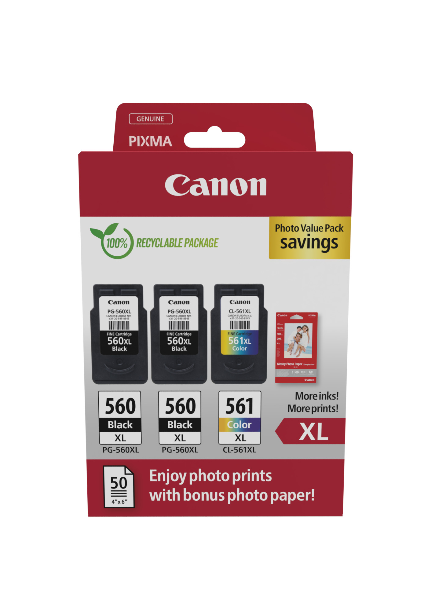 Комплект 3 глави и 50 броя фотохартия за Canon Pixma TS5350/TS7400/TS5400 Series - Ink - HIGH CAPACITY - PG560XL (PG-560XL) / CL561XL (CL-561XL) / 3712C012 - 2xBK/C/M/Y - XL - Multipack - PN 3712C012