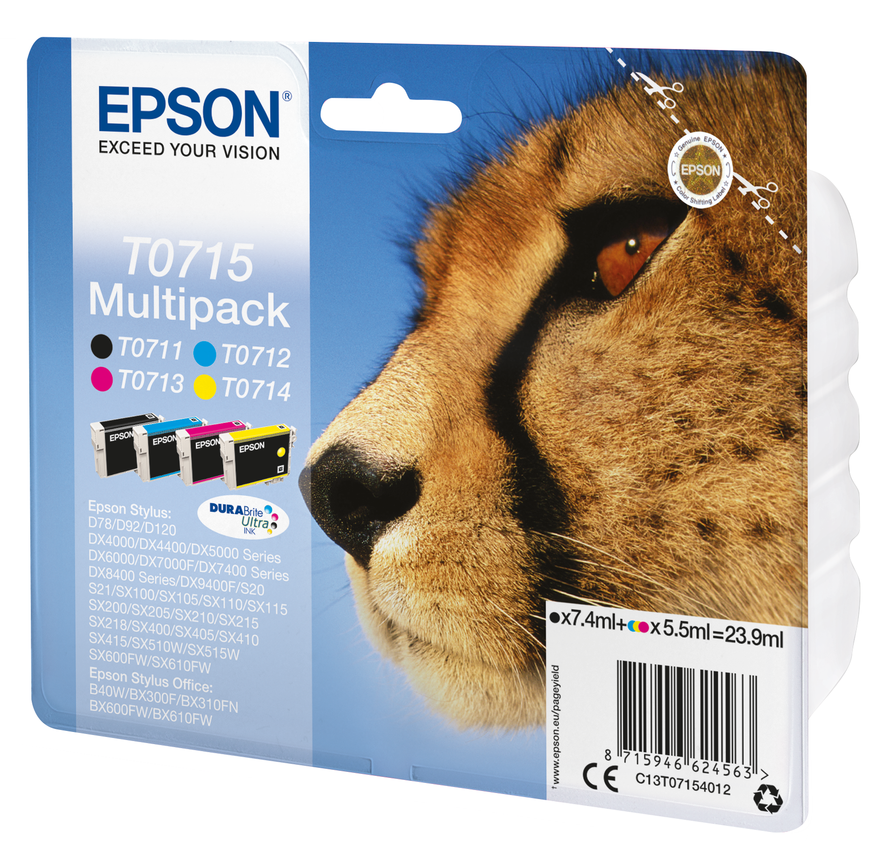 Комплект 4 глави за Epson Stylus DX8400/DX4400/DX4000/DX6000/DX5000/DX7400 Series - Ink - T0715 / C13T07154012 - BK/C/M/Y - Multipack - PN C13T07154012