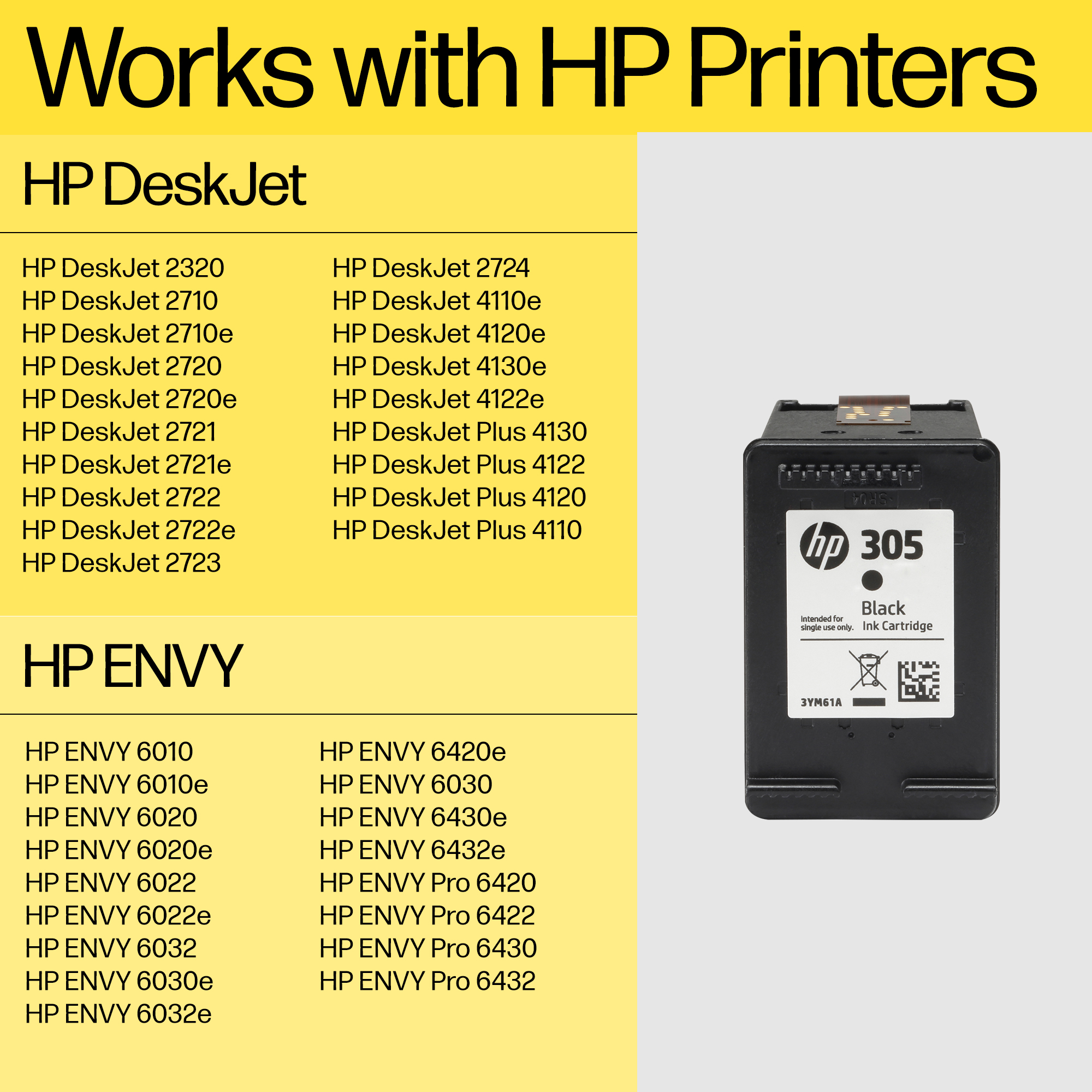 Глава за HP DeskJet 2700/4200/4100/2800/Envy Pro 6400 Series/Envy 6400 All-in-One Series - Ink - /305/ / 3YM61AE - Black - PN 3YM61AE