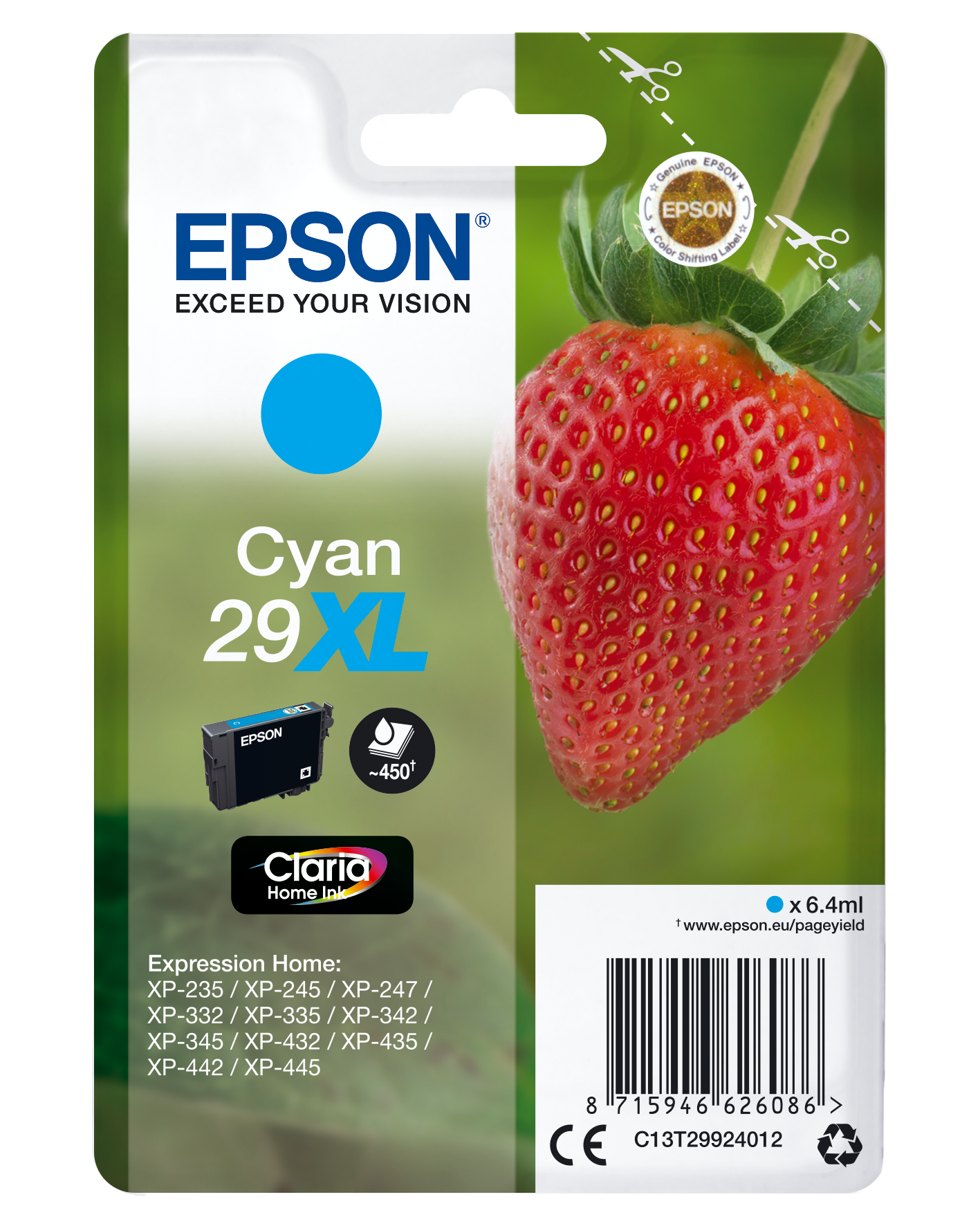 Глава за Epson Expression Home XP240/XP250/XP330/XP340/XP350/XP430/XP440/XP450 Series - Ink - /29XL/ / C13T29924012 - Cyan - XL - PN C13T29924012