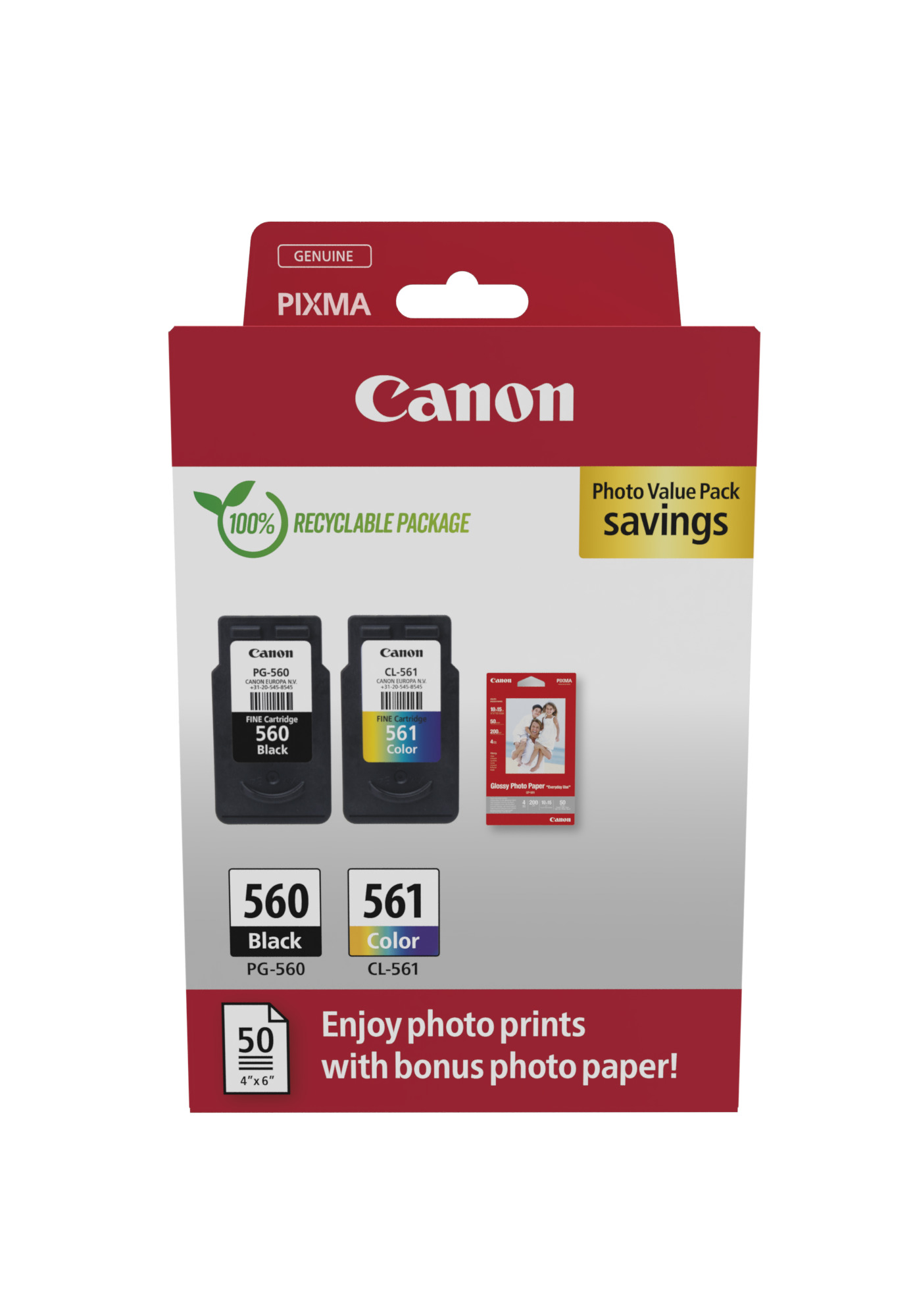Комплект 2 глави и 50 броя фотохартия за Canon Pixma TS5350/TS7400 Series - Ink - PG560 (PG-560) / CL561 (CL-561) / 3713C008 - BK/C/M/Y - PN 3713C008