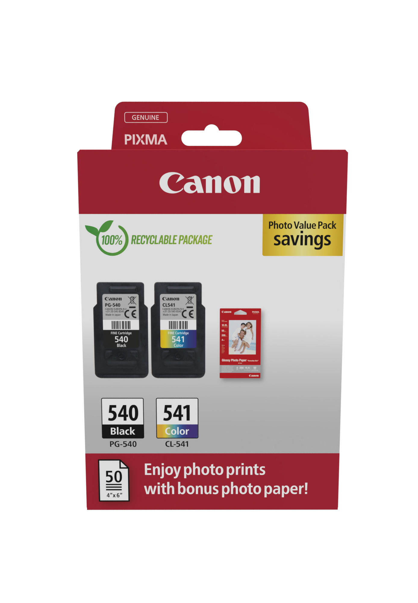 Комплект 2 глави и 50 броя фотохартия за Canon Pixma MX430/MG3500/MG2200 Series - Ink - PG540 (PG-540) / CL541 (CL-541) / 5225B013 - BK/C/M/Y - PN 5225B013