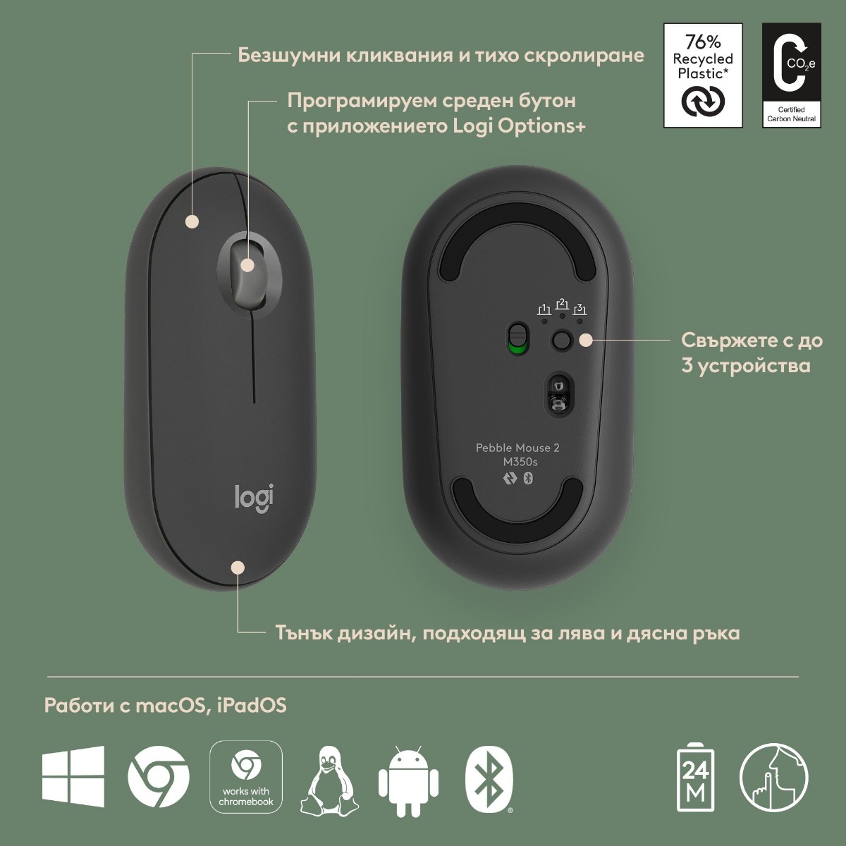МИШКА LOGITECH M350S PEBBLE 2 - Wireless / Безжична - Black - PN 910-007015