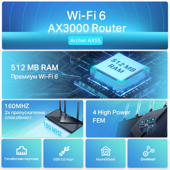 РУТЕР TP-LINK ARCHER AX55 - Black - PN ARCHER AX55