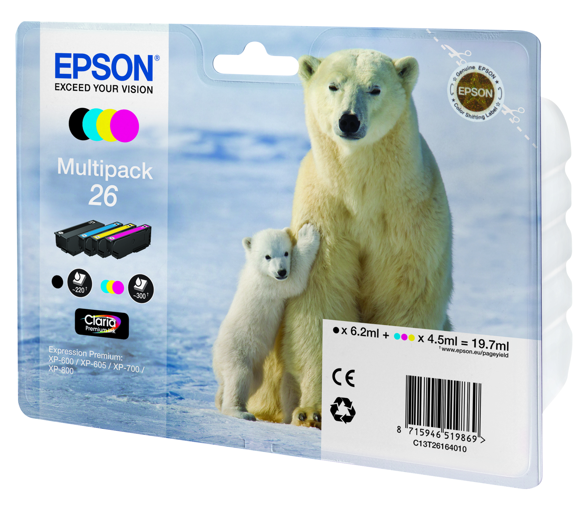 Комплект 4 глави за Epson Expression Premium XP600/XP610/XP620 Series - Ink - /26/ / C13T26164010 - BK/C/M/Y - Multipack - PN C13T26164010