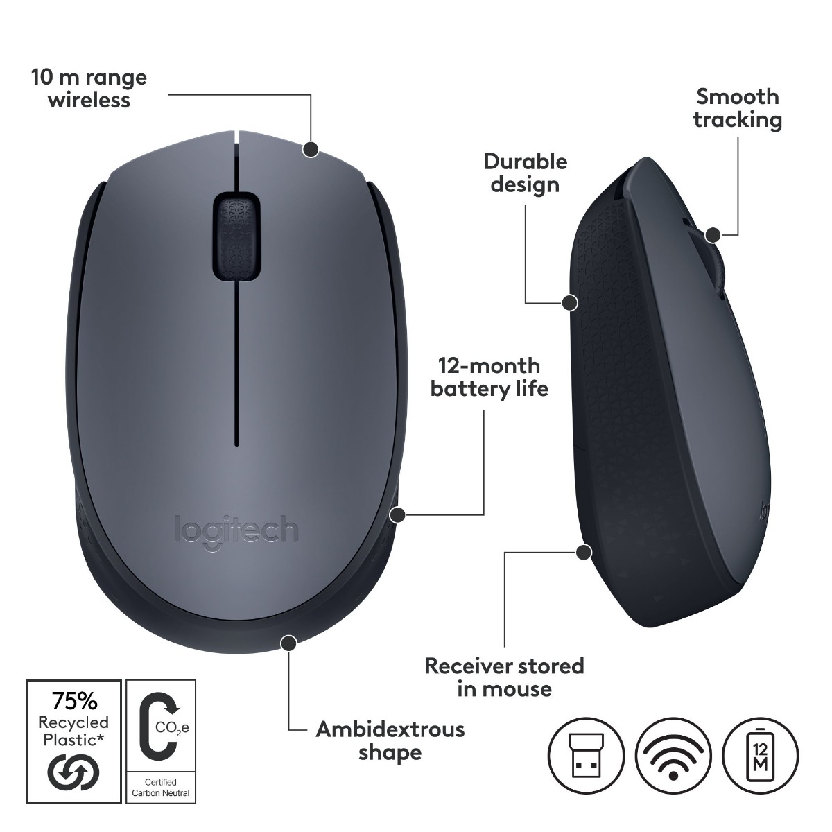 МИШКА LOGITECH M170 - Optical - 1000 dpi, USB - Wireless / Безжична - Black - PN 910-004642