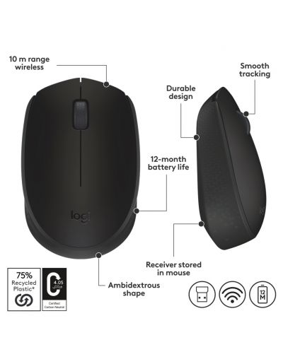 МИШКА LOGITECH M171 - RF Wireless, Alkaline - Wireless / Безжична - Black - PN 910-004424