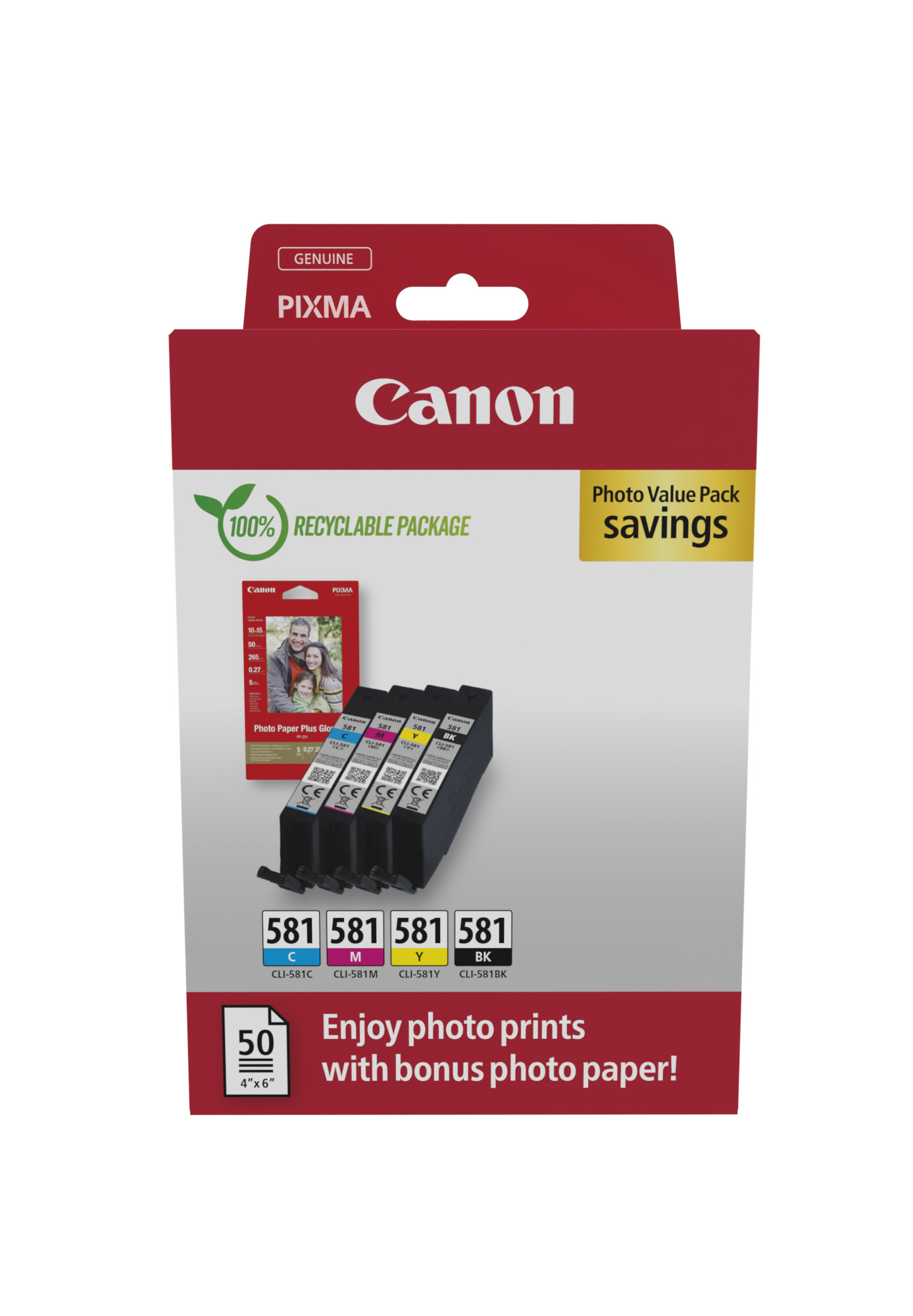 Комплект 4 глави и 50 броя фотохартия за Canon Pixma TS8100/TS8200/TS9100 Series - Ink - CLI581 (CLI-581) / 2106C006 - BK/C/M/Y - Multipack - PN 2106C006