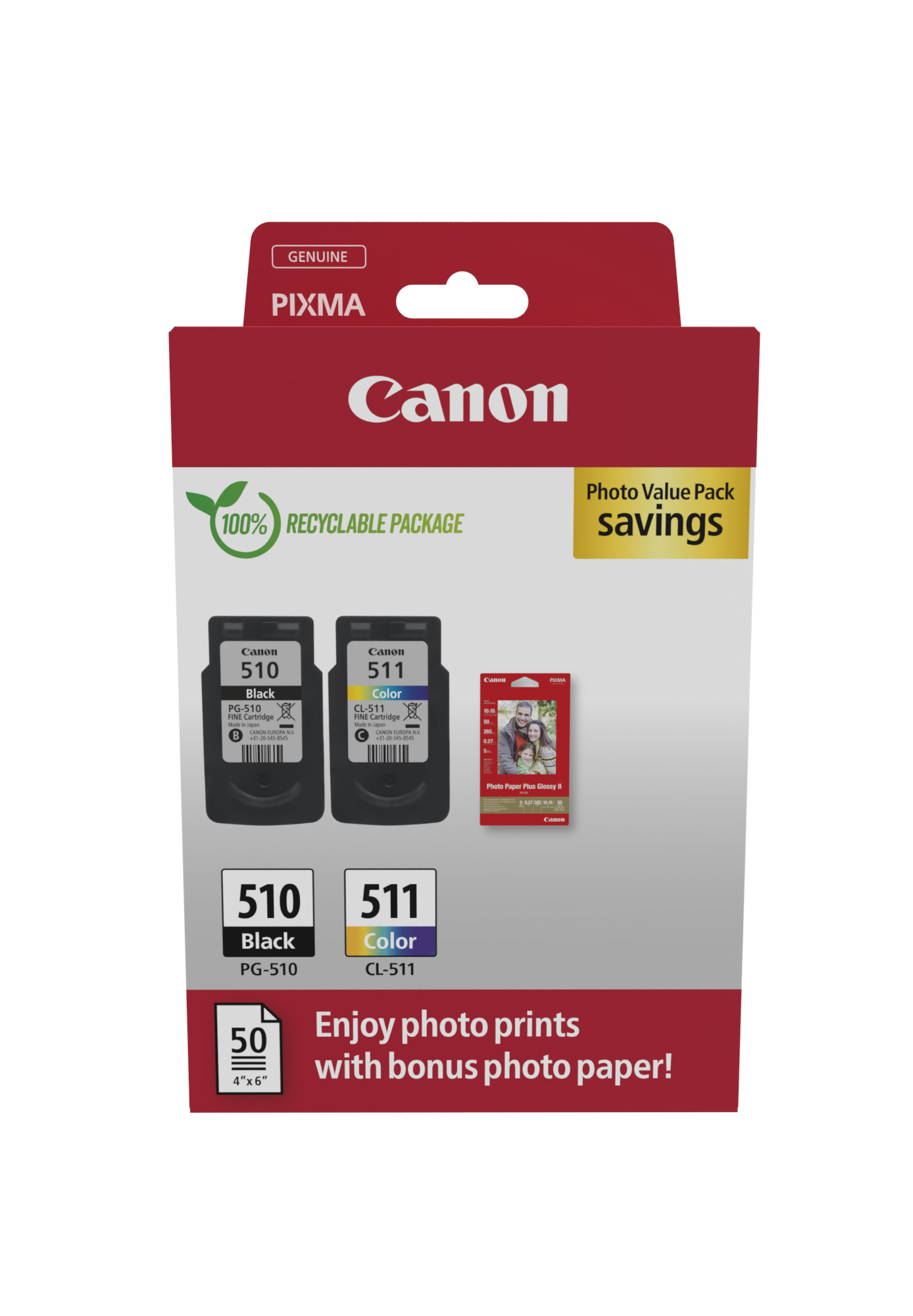 Комплект 2 глави и 50 броя фотохартия за Canon Pixma MP230/MP280/MP490 Series - Ink - PG510 (PG-510) / CL511 (CL-511) / 2970B017 - BK/C/M/Y - PN 2970B017