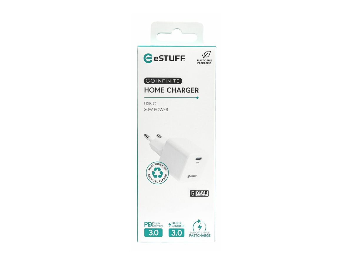 ЗАРЯДНО eSTUFF USB-C 30W - White - PN ES637027