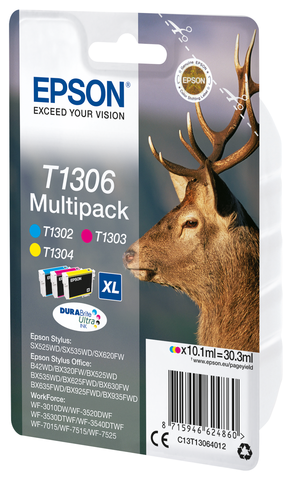 Комплект 3 глави за Epson Stylus Office BX630 Series/WorkForce WF3500 Series - Ink - T1306 / C13T13064012 - C/M/Y - Multipack - PN C13T13064012