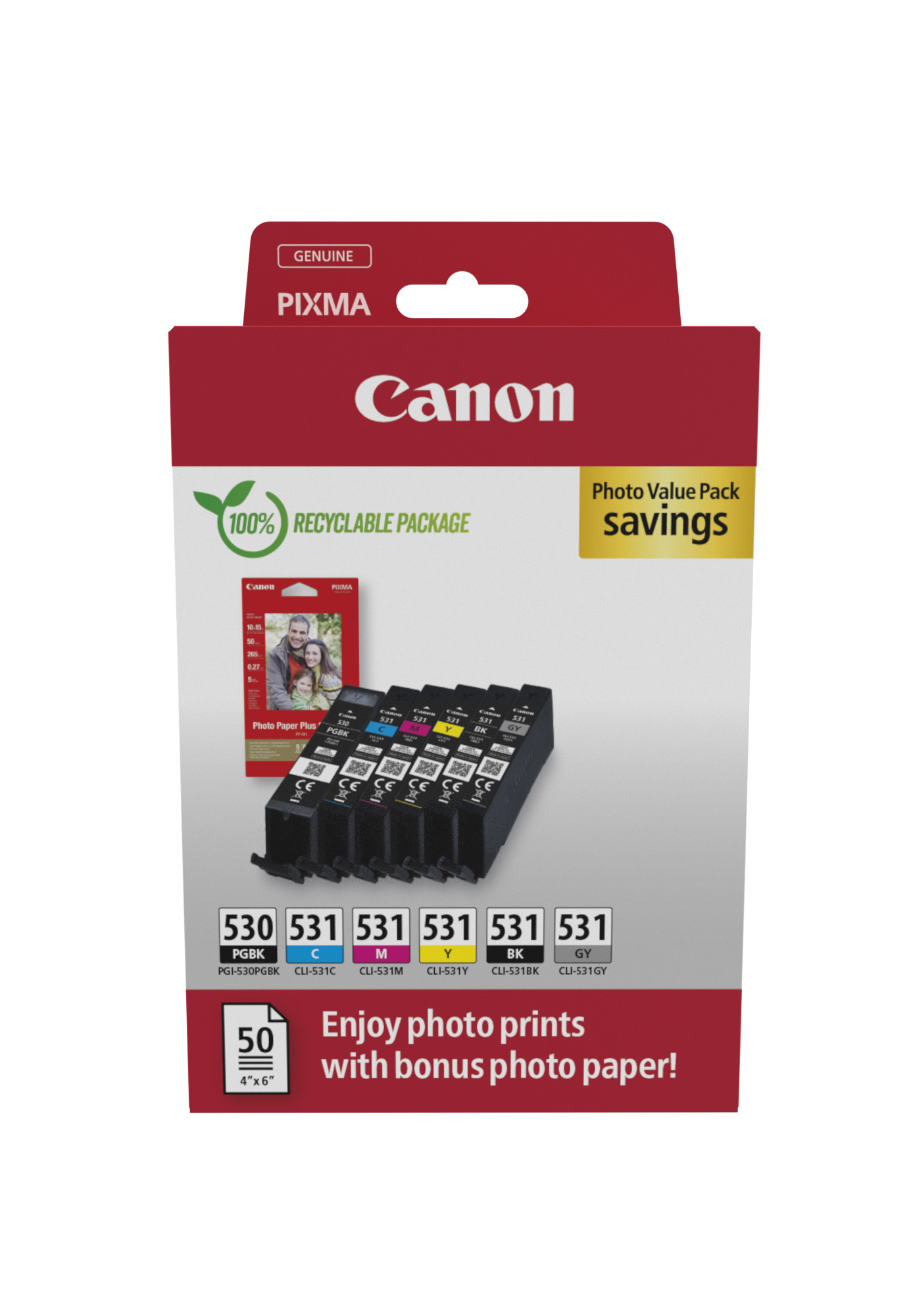 Комплект 6 глави и 50 броя фотохартия за Canon Pixma TS8550/TS8750/TS8700 Series - Ink - PGI530 (PGI-530) / CLI531 (CLI-531) / 6117C004 - BK/C/M/Y/GY - Multipack - PN 6117C004