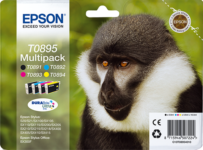 Комплект 4 глави за Epson Stylus SX210/SX100/SX200/SX400 Series - Ink - T0895 / C13T08954010 - BK/C/M/Y - Multipack - PN C13T08954010