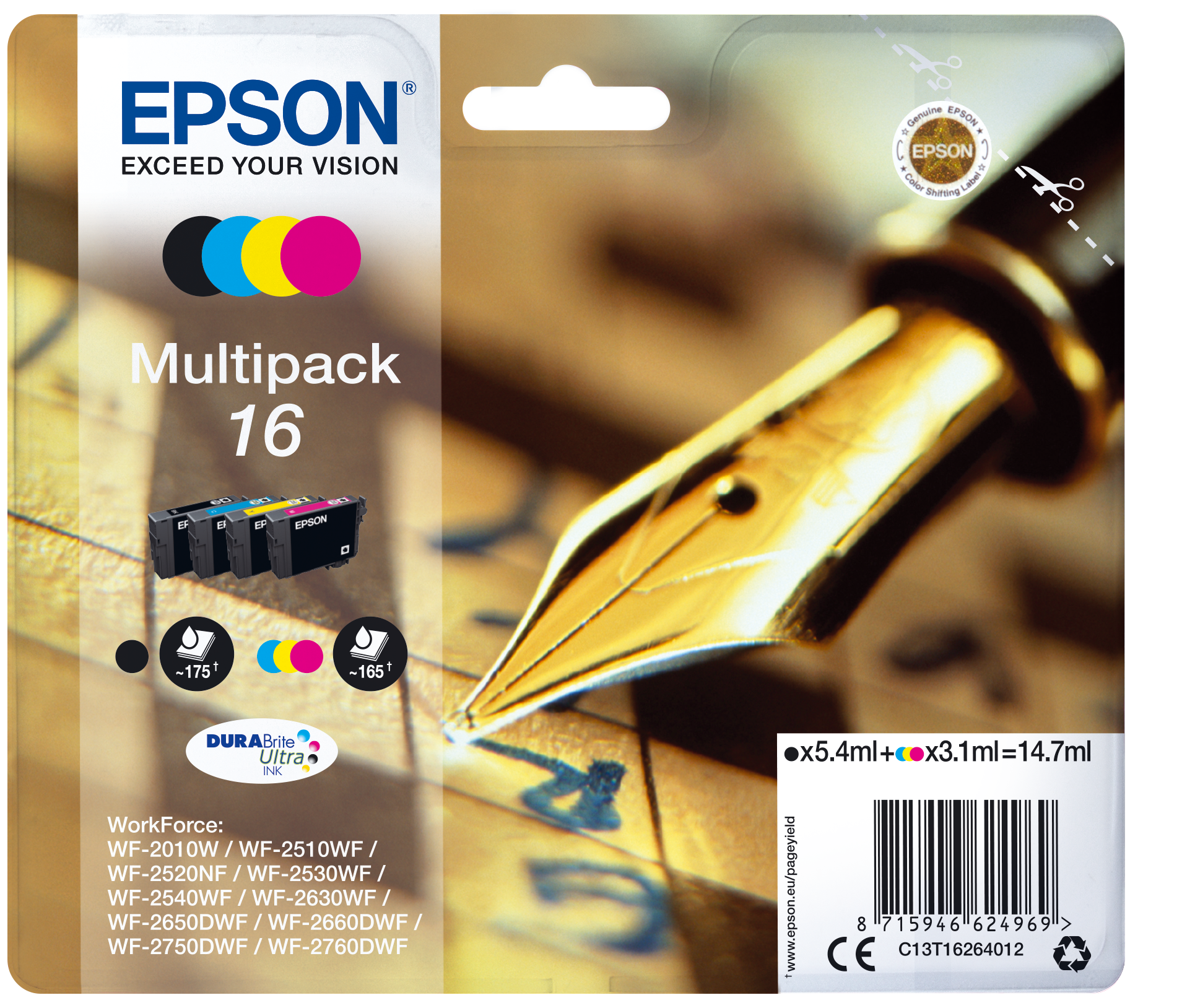 Комплект 4 глави за Epson WorkForce WF-2500 Series - Ink - /16/ / C13T16264012 - BK/C/M/Y - Multipack - PN C13T16264012