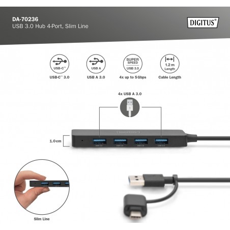 ХЪБ DIGITUS SLIM LINE USB 4 Port - USB 3.0 Hub 4-Port - Slim Line - PN DA-70236
