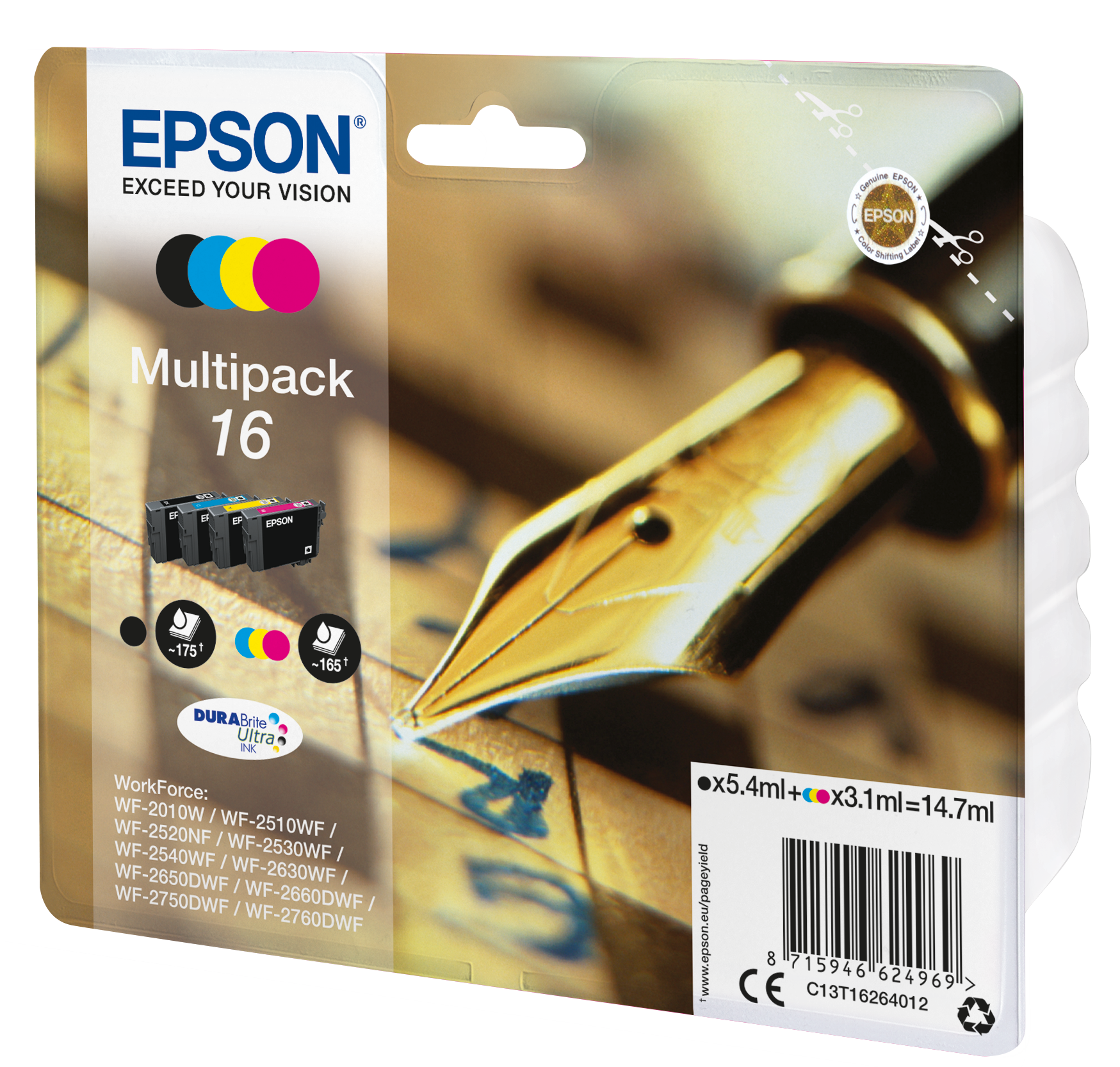 Комплект 4 глави за Epson WorkForce WF-2500 Series - Ink - /16/ / C13T16264012 - BK/C/M/Y - Multipack - PN C13T16264012