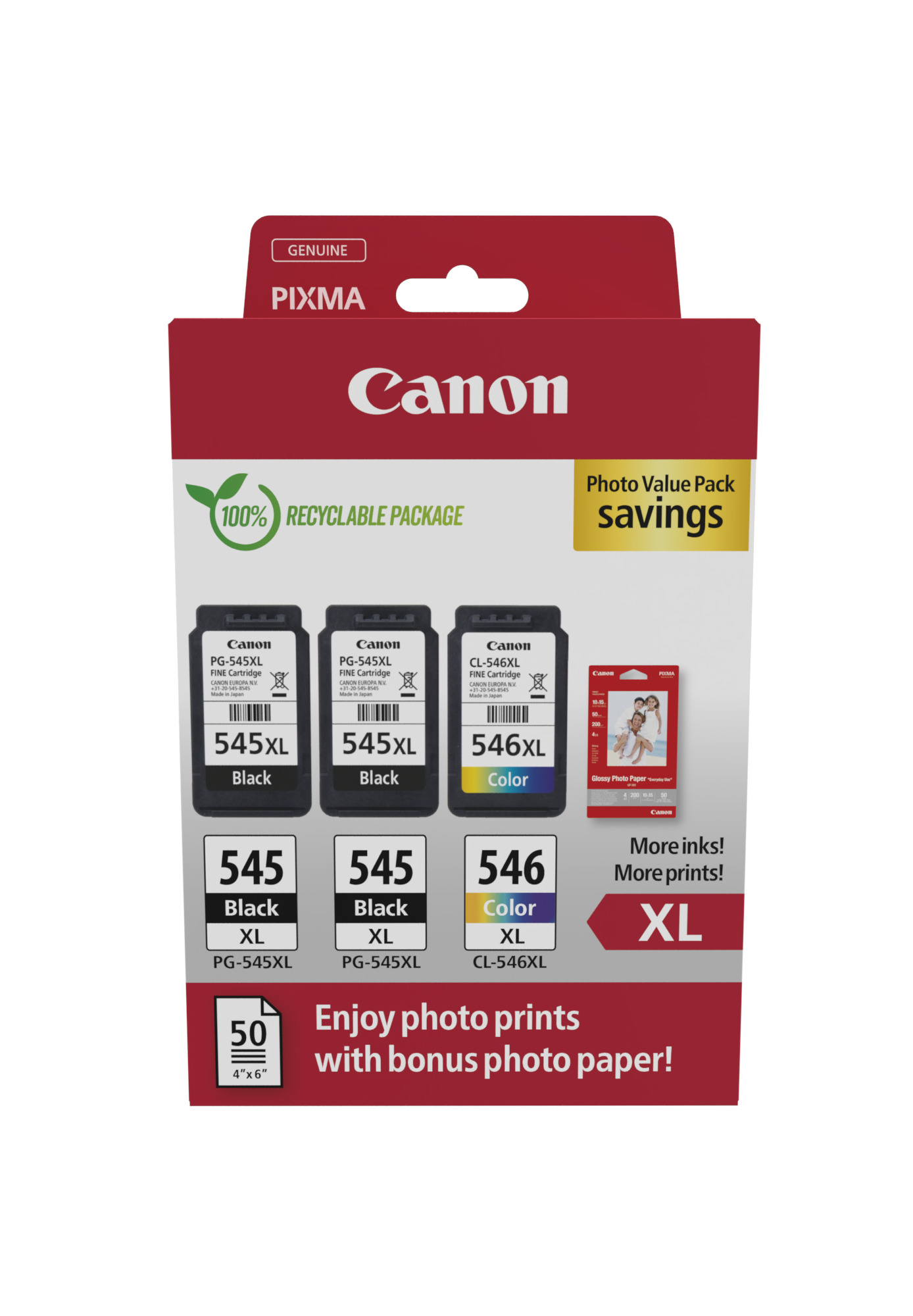 Комплект 3 глави и 50 броя фотохартия за Canon Pixma MG2500/MG2900/MG3000 Series - Ink - HIGH CAPACITY - PG545XL (PG-545XL) / CL546XL (CL-546XL) / 8286B015 - 2xBK/C/M/Y- XL - Multipack - PN 8286B015