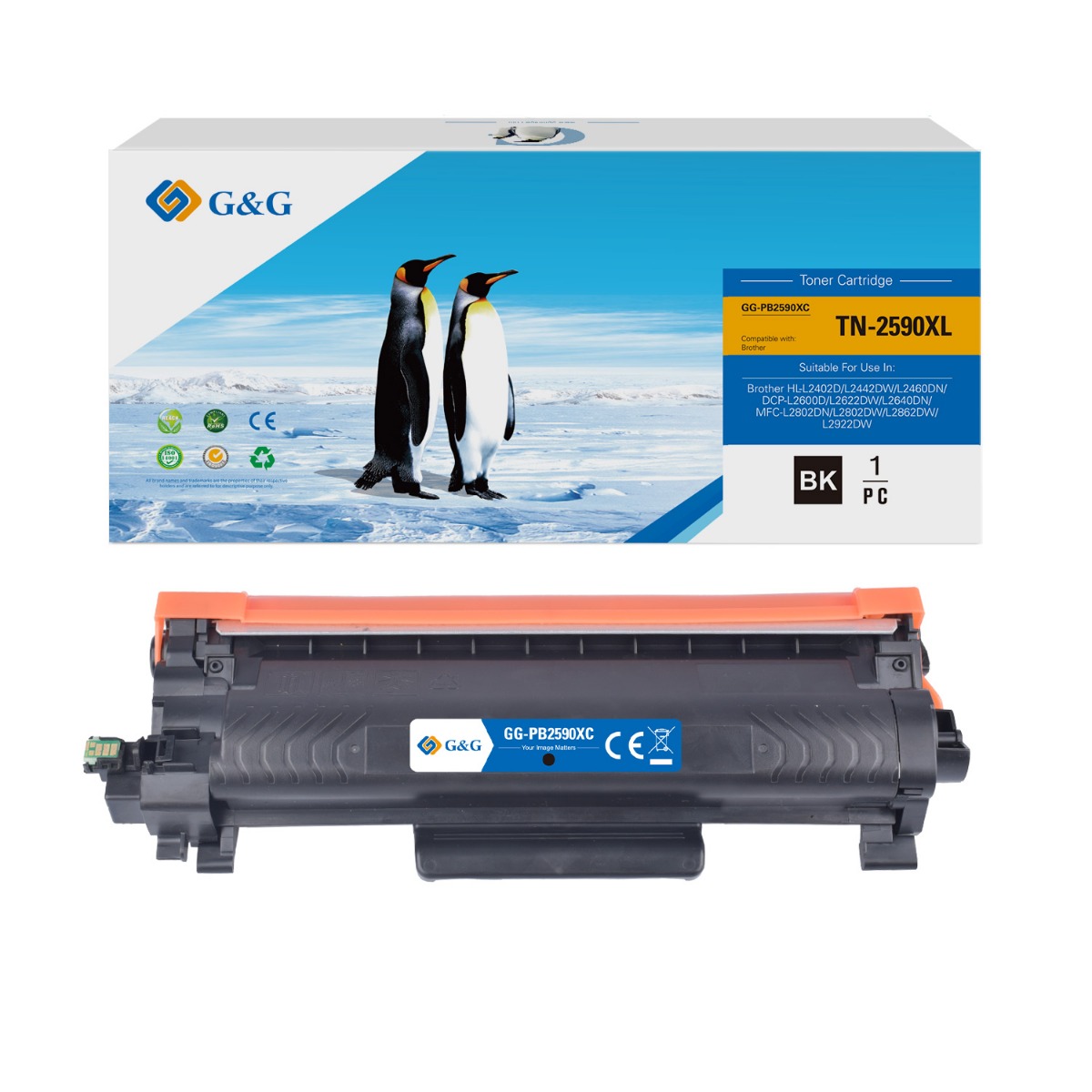 КАСЕТА ЗА BROTHER HL L2400DW/L2402D/L2442DW/L2445DW/L2447DW/L2460DN/L2865DW - HIGH CAPACITY - TN2590XL (TN-2590XL) - WITH CHIP / С ЧИП - Black - PN NT-PB2590XC - G&G