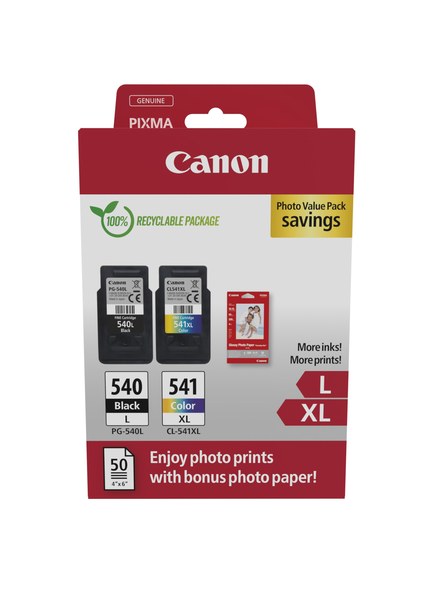 Комплект 2 глави и 50 броя фотохартия за Canon Pixma MG2100/MG2200/MG3200 Series - Ink - HIGH CAPACITY - PG540L (PG-540L) / CL541XL (CL-541XL) / 5224B012 - BK/C/M/Y - PN 5224B012