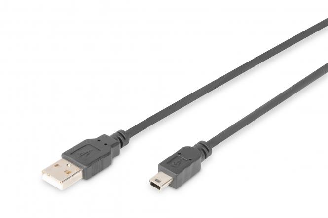 КАБЕЛ USB DIGITUS - USB-A to mini USB-B - 1,8 m - Black - PN AK-300108-018-S