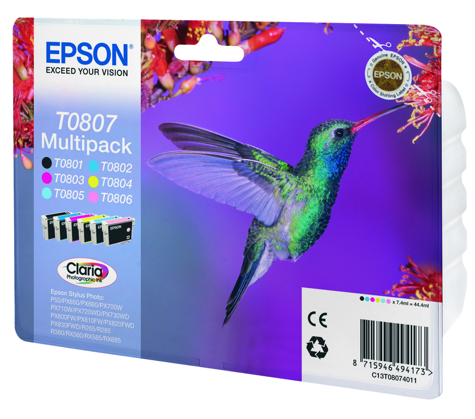 Комплект 6 глави за Epson Stylus Photo R265/R360/RX560/R285 - Ink - T0807 / C13T08074011 - BK/C/M/Y/PC/PM - Multipack - PN C13T08074011