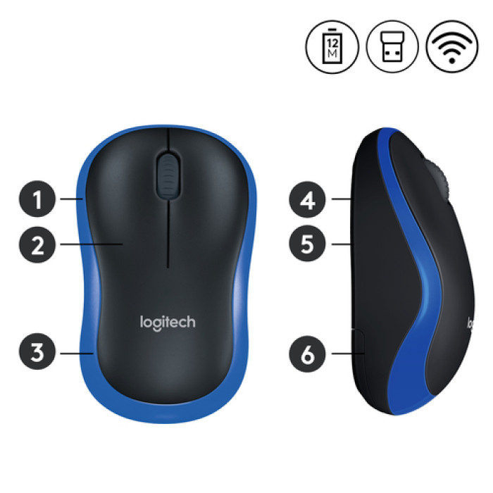 МИШКА LOGITECH M185 - Оптична / Optical - Wireless / Безжична - USB - Blue - PN 910-002236